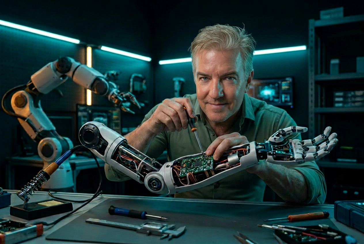 AI-generated image of Eric Kern assembling a robotic arm