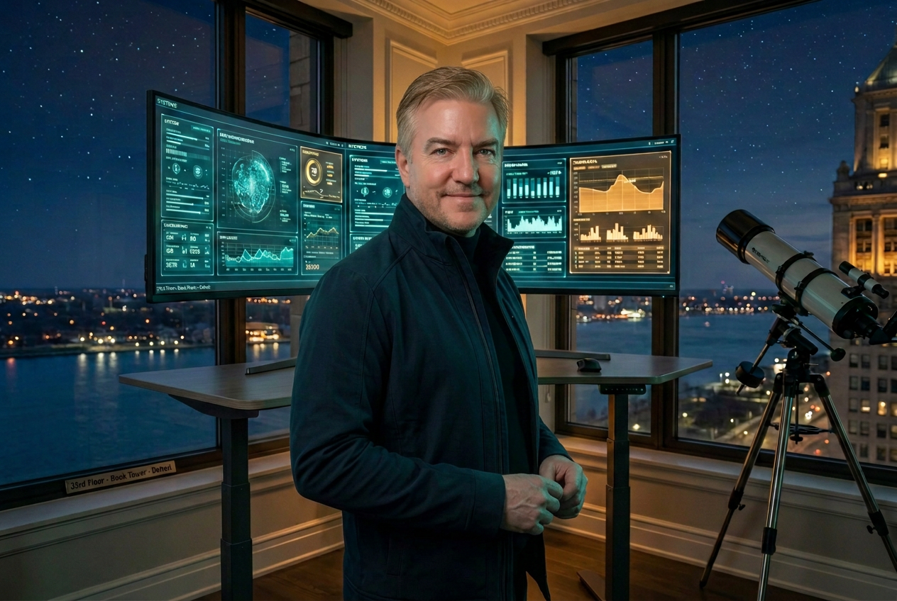 AI-generated image of Eric Kern standing at a desk with three curved monitors, Detroit River at night behind him and a telescope beside him