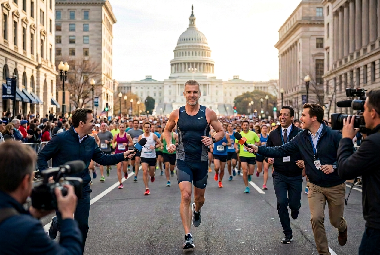 AI-generated image of Eric Kern running through downtown Washington DC with a crowd and reporters