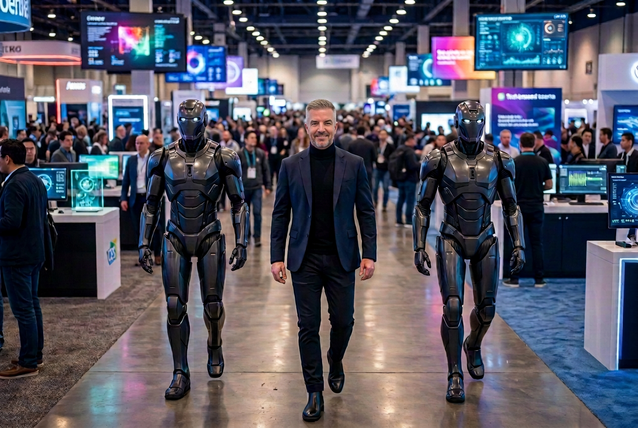 AI-generated image of Eric Kern walking through a tech expo flanked by two robot security guards