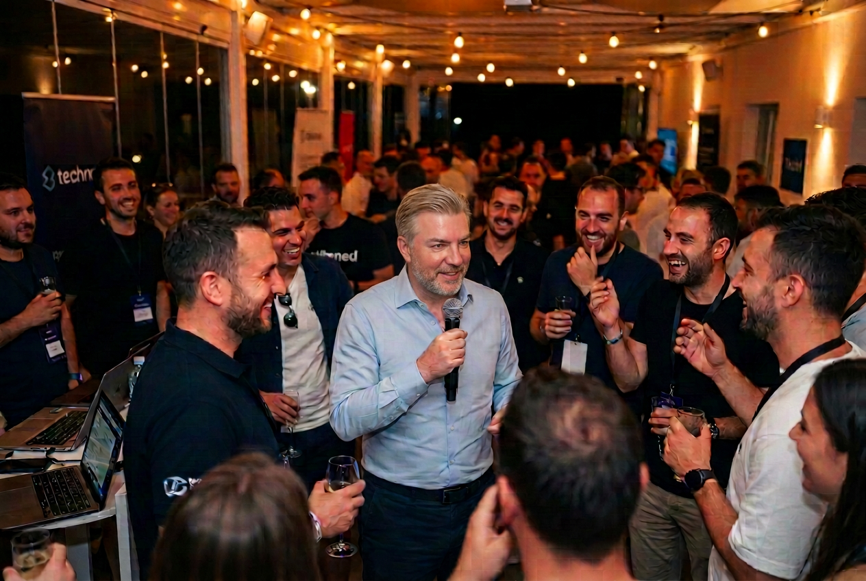 AI-generated image of Eric Kern speaking to a crowd at a tech meetup