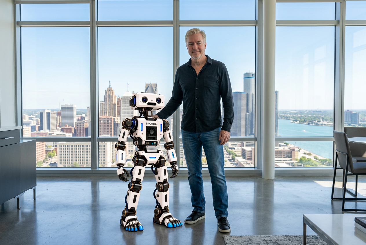 AI-generated image of Eric Kern standing beside his 4-foot MOXIE humanoid robot in a high-rise apartment overlooking Detroit