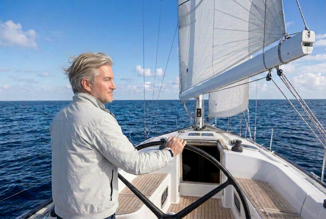 AI-generated image of Eric Kern steering a large sailboat on the ocean