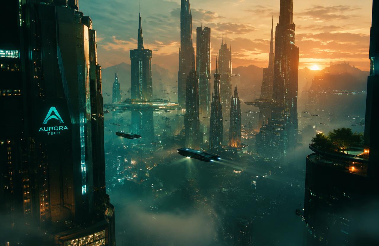Futuristic city skyline at sunset with flying vehicles