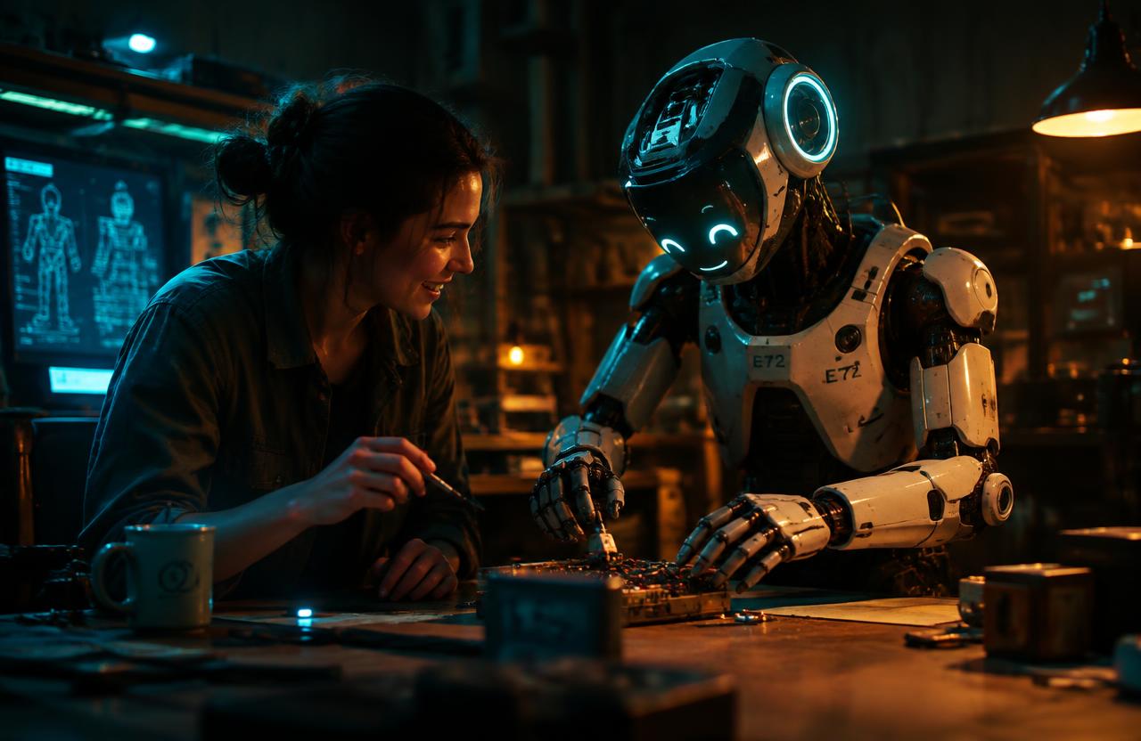 A human engineer and a humanoid robot working together at a workbench